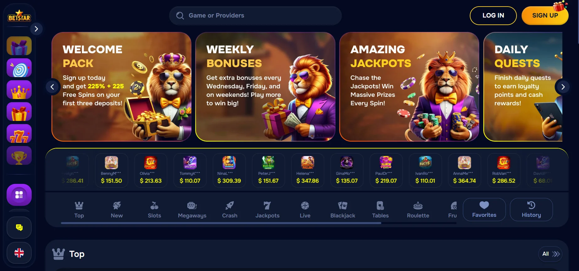 Betstar Casino Home Screen