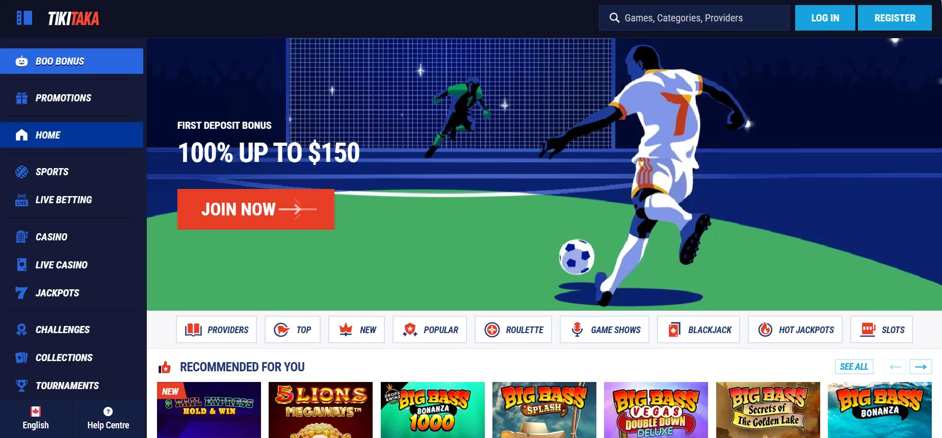 TikiTaka Casino Home Screen