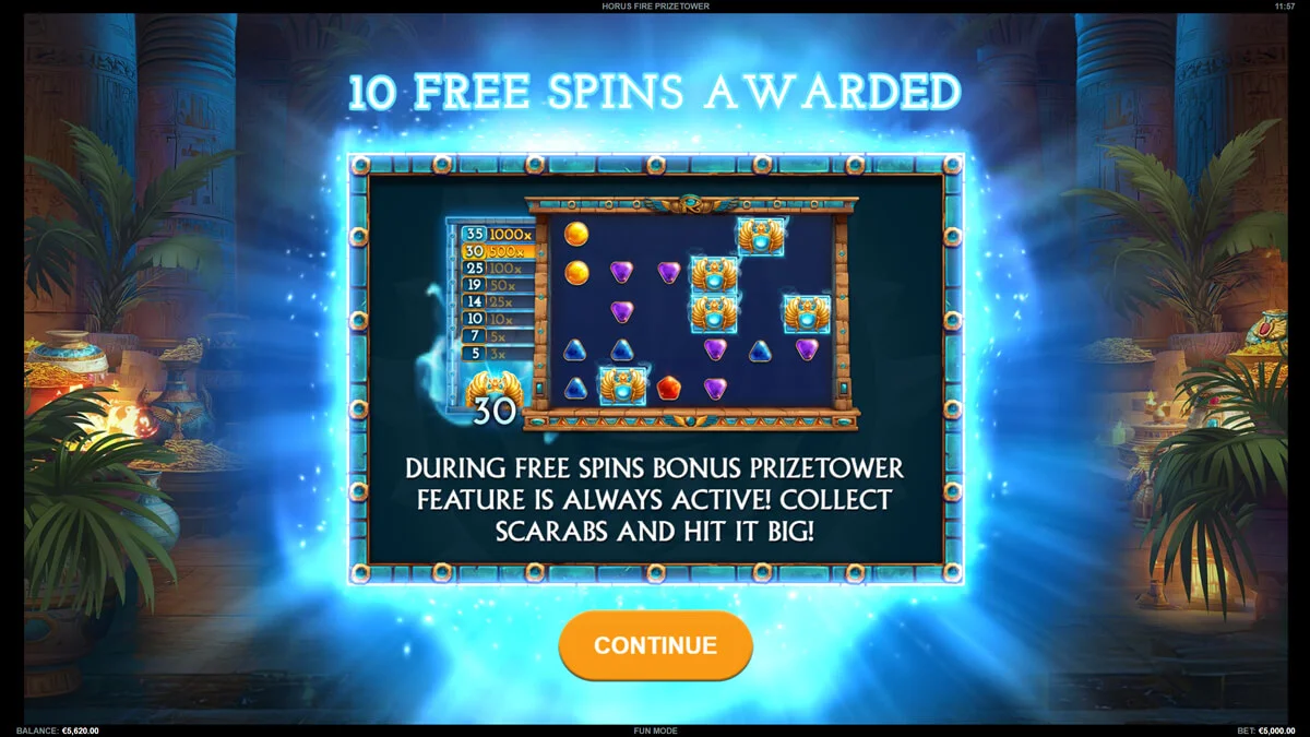 Horus Fire PrizeTower Free Spins