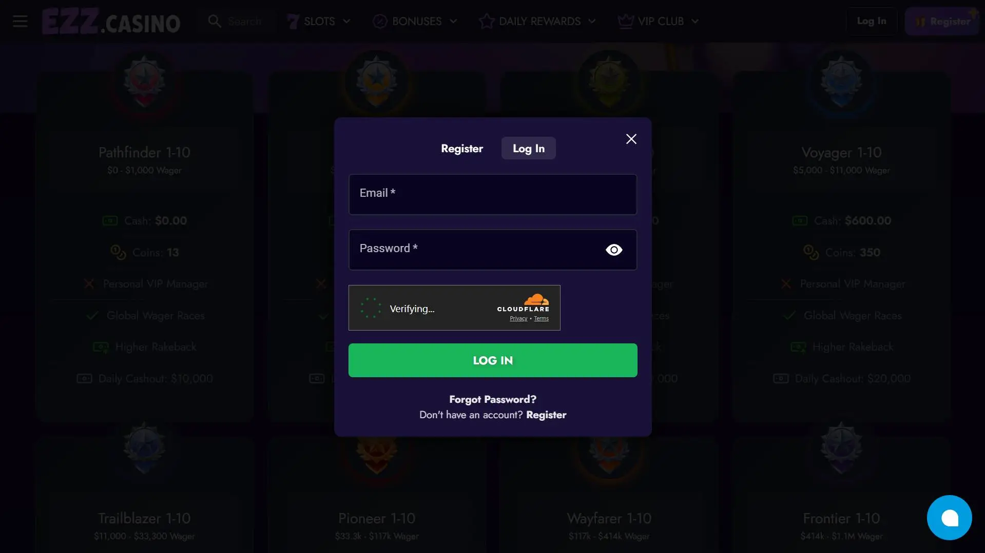 Ezz Casino Login Window