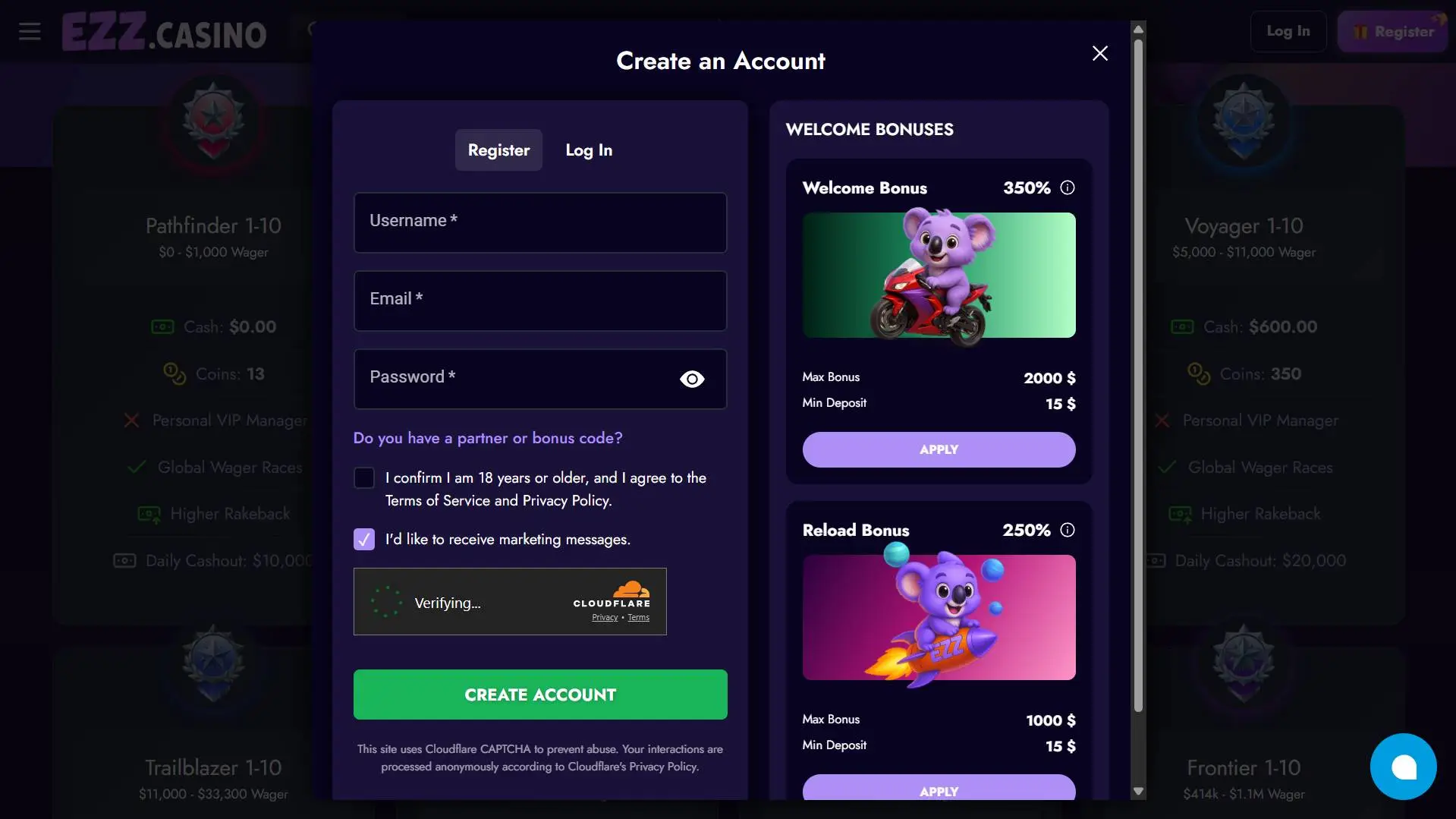 Ezz Casino Registration Window