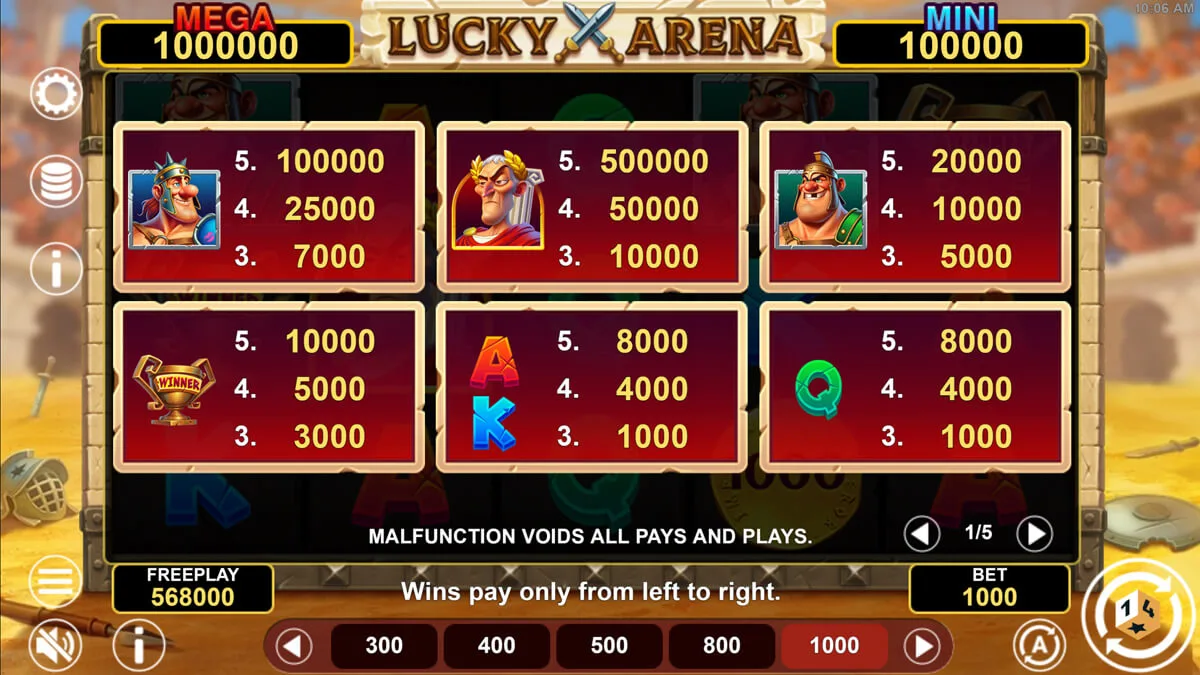 Lucky Arena Hold & Win Paytable