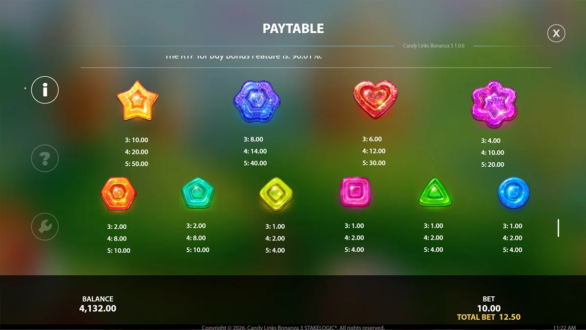 Candy Links Bonanza 3 Paytable